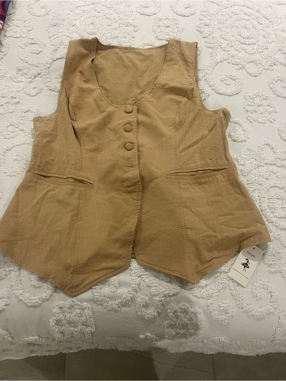 Tan Linen-Look Button Front Vest